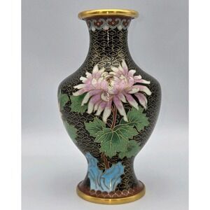 Chinese Cloisonne Bud Vase Black Pink Floral Clouds Enamel Brass MCM 6.25"‎